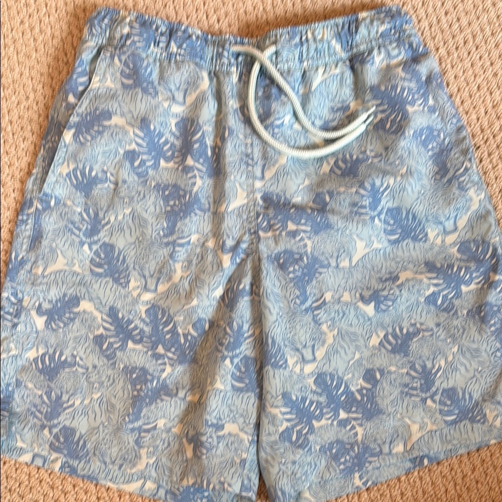 Peter Millar boys Blue tiger and palm Patterned Swim Shorts